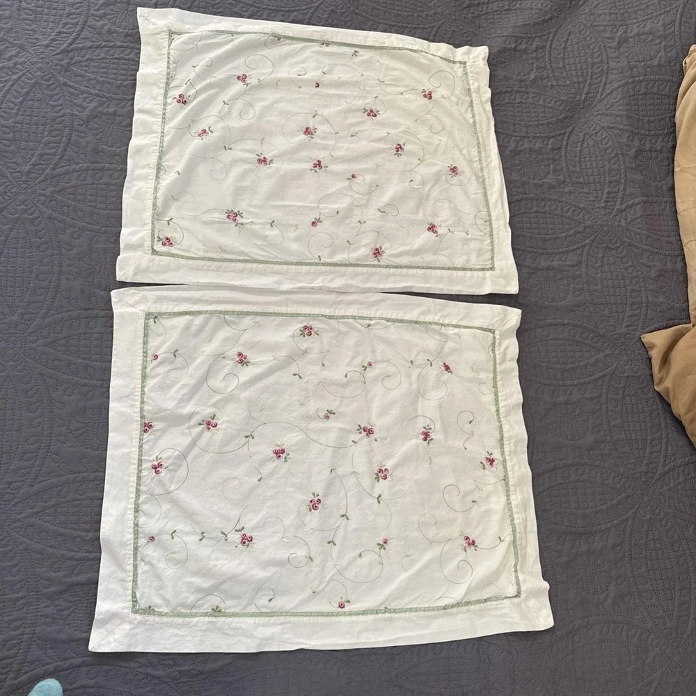 2 White Standard Shams Pillow Case Carnation Floral Embroidered Cottage Core